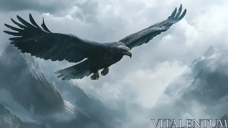 Majestic Eagle Soaring Over Misty Mountain Peaks in Realistic Art.
