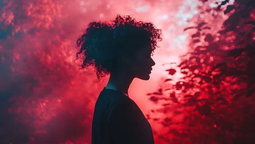 Silhouette of person stands before dense red forest haze