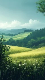 Sunlit rolling hills stretch beneath distant misty mountains