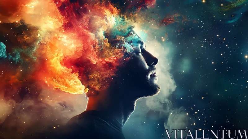 Human profile integrates with multicolored nebular cloud field