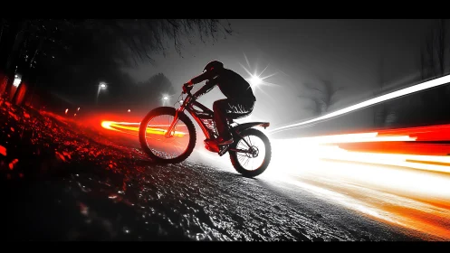Nocturnal Cyclist Silhouette with Dynamic Light Streak Motion Photography.