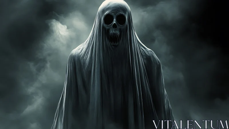 Grim hooded ghost with skull face in dense swirling fog.