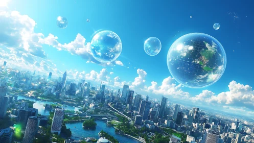 Floating globe spheres drift above a bright eco future city