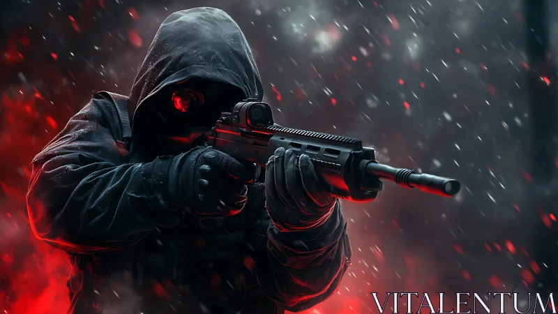Hooded futuristic sniper advances through red storm haze