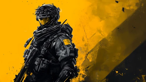 Tactical sci fi operator in yellow black abstract field.