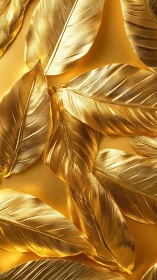 Metallic gold feathers overlap against reflective gold background