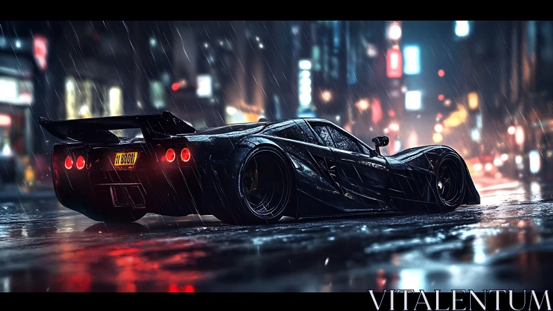 Cyberpunk hypercar in neon-soaked nocturnal streetscape composition.