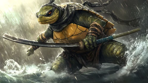 Anthropomorphic turtle warrior strides through storm surf