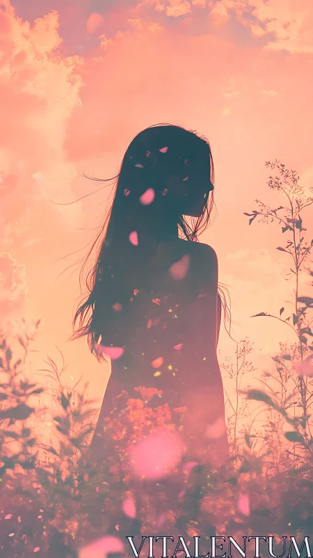 Silhouetted girl in rose-tinted sunset bloomscape dreamscape.