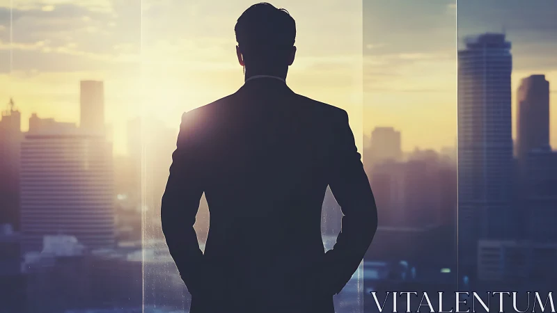 Executive Overlooking Urban Skyline at Sunrise