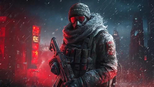 Arctic urban combat sentinel in neon-graded postwar blizzard.