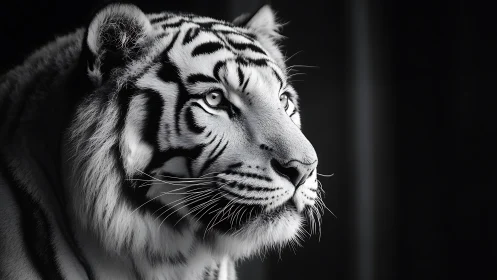 Monochrome side profile of white tiger against dark background.