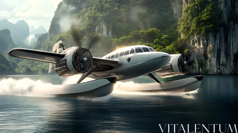 Twin‑engine seaplane skimming lagoon waters in photoreal detail