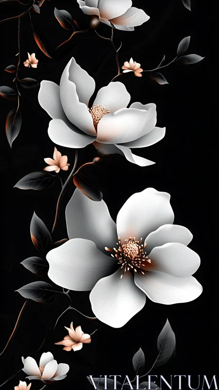 Elegant White Flowers Dance Against Midnight Black.