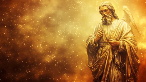 Golden robed angelic figure against luminous star field.