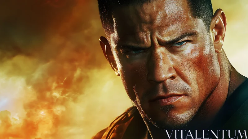 Storm-lit warrior gaze framed by molten evening sky.