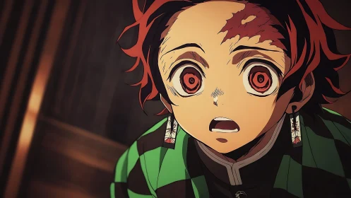 Shocked anime boy with red eyes and patterned haori.