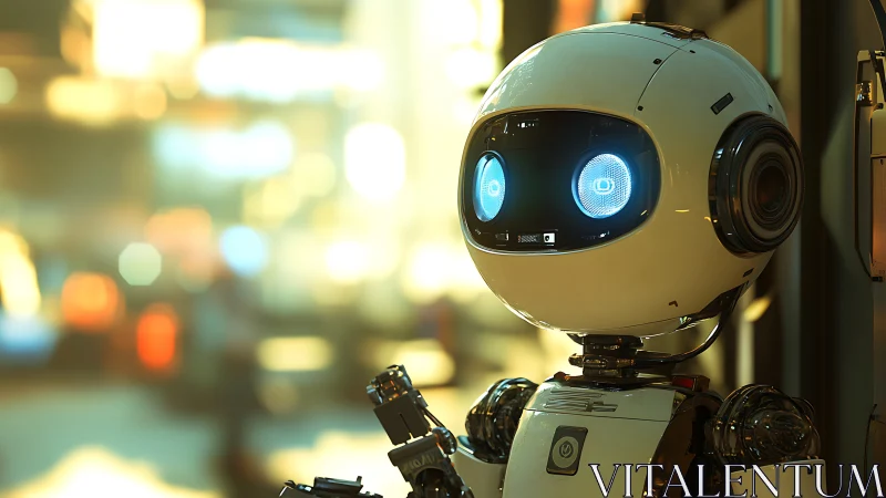 Friendly service robot watches neon city nightlife calmly.