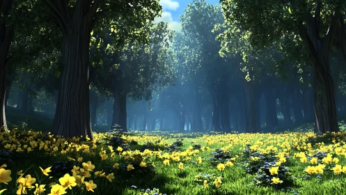 Forest Avenue with Yellow Flowers Under Dappled Light.