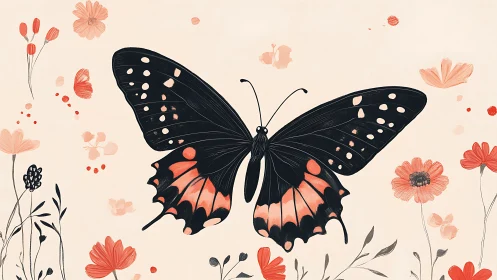 Black butterfly with coral flowers on pale background.