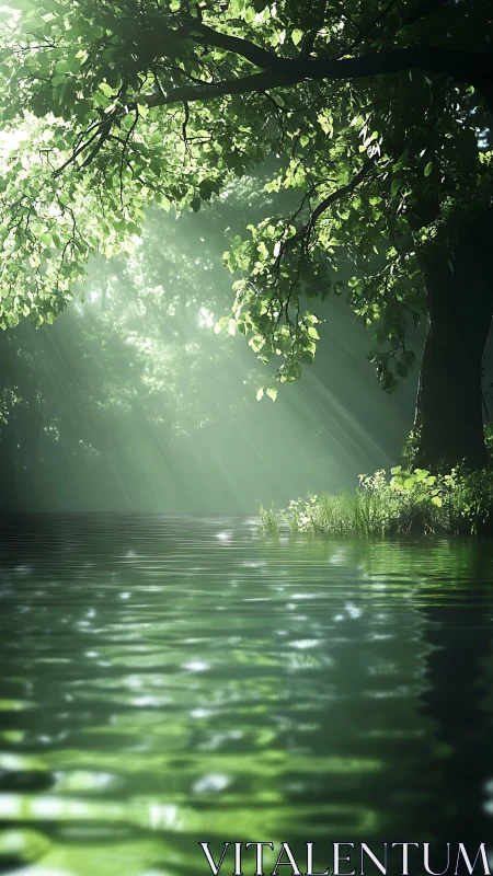 Photorealistic forest pond under raking sunlit canopy composition.