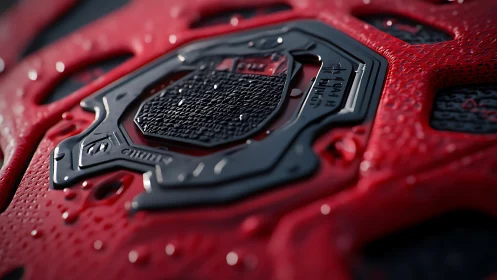 Macro closeup of textured red sports gear emblem detail.