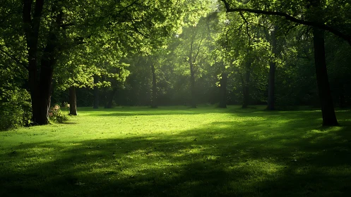 Sunlit Forest Clearing with Ancient Trees and Verdant Grass.