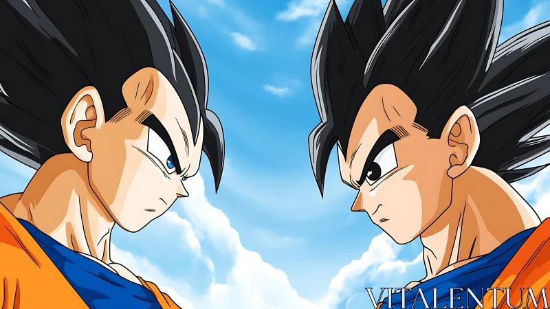 Mirrored anime warriors confront each other under a bright sky