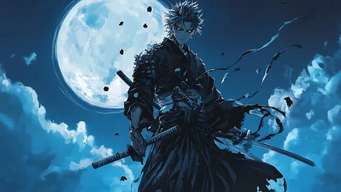 Moonlit samurai stands calm beneath wild swirling clouds.