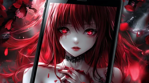 Digital portrait depicts red-haired girl framed within smartphone