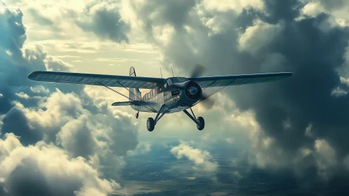 Single engine propeller aircraft flying through dense clouds.
