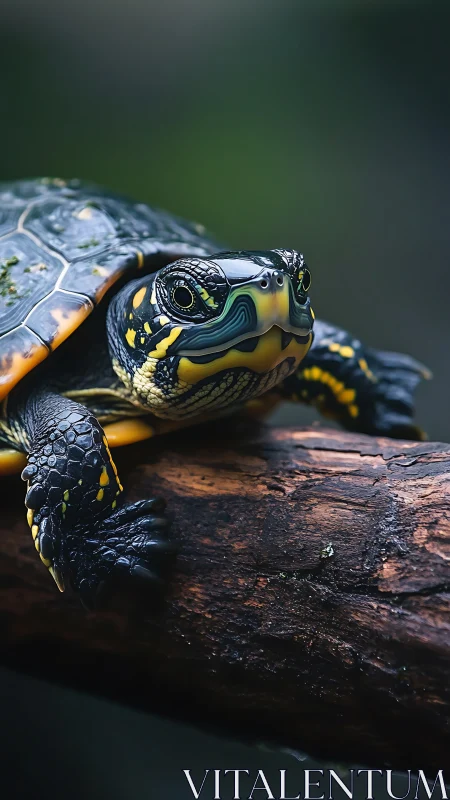 Curious little turtle pausing on a log for a quiet moment.