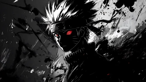 Storm-lit ninja silhouette glows with intense red gaze