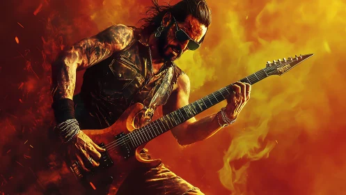 Firelit rock guitarist shredding electric solos in flames.