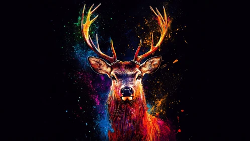 Luminous stag erupts in neon splashes against midnight silence.