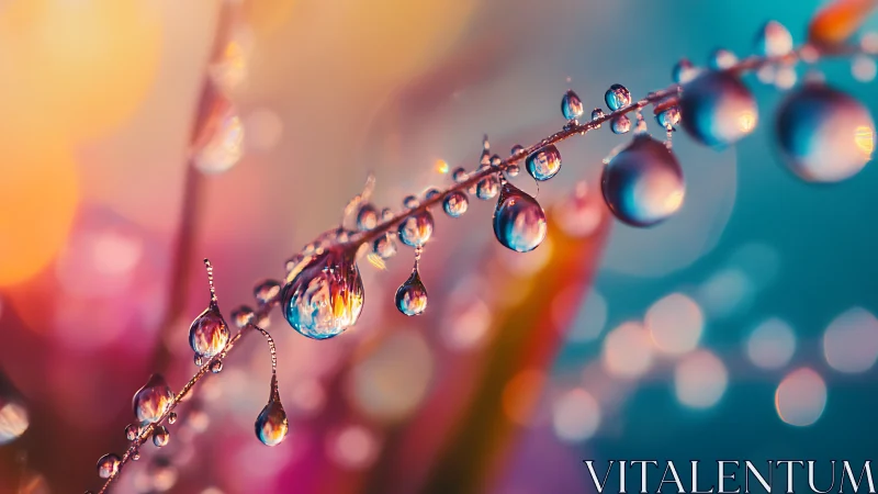 Macro view isolates dewdrops aligned on a thin plant stem