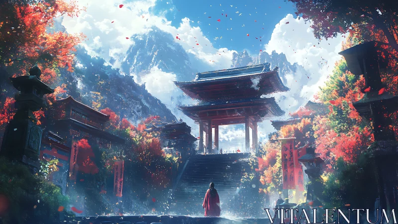 Mountain temple gate under blazing autumn maple canopy.