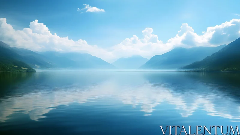 Mountain lake panorama with cloud reflections under clear sky.
