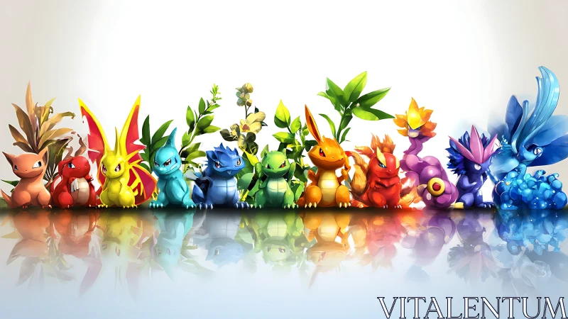 Row of colorful fantasy creatures rendered with leaf elements.