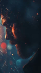 Moody male profile under bokeh-lit rain with dramatic rim lighting