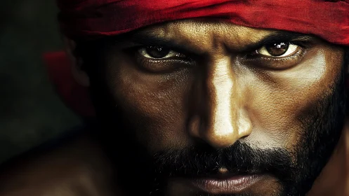 Storm-eyed warrior gaze wrapped in crimson resolve.