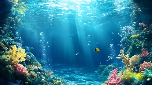 Sunlit coral reef scene with diverse marine fish species.