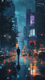 Solitary figure crosses neon city street in cinematic rain