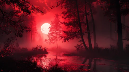 Crimson fog forest under oversized backlit lunar disc.