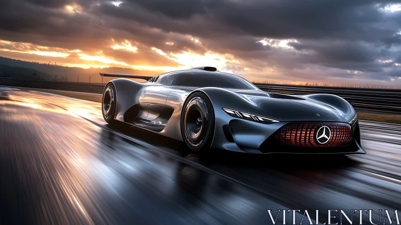 Futuristic Mercedes concept car accelerates on wet racetrack