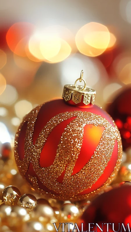 Red glass ornament with gold glitter pattern on beads.