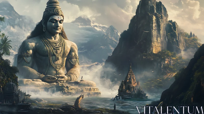Colossal stone deity amid misty mountains and river valley.