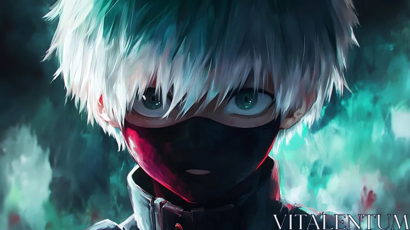 Masked silver‑haired vigilante in eerie teal afterglow.