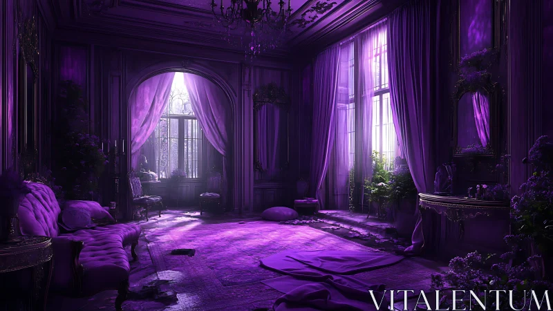 Lavender illuminated baroque salon with decaying opulence.