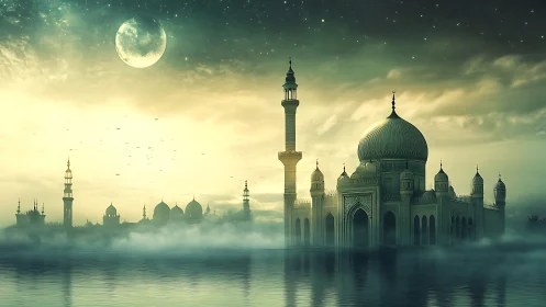 Moonlit domed mosque over misty reflective waterscape.
